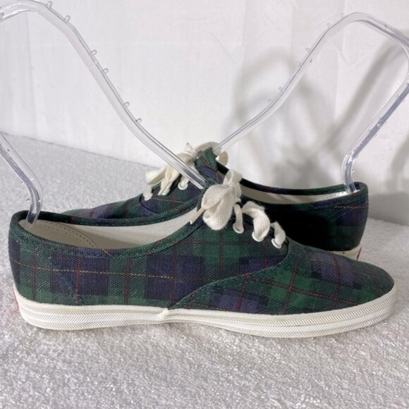 Vintage Hanes Her Way Green Blue Plaid Canvas Lace Up Sneakers 8 - Picture 10 of 11